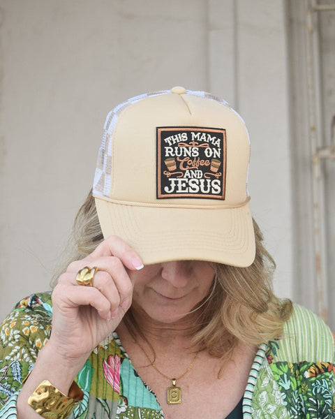 THIS MAMA RUNS ON COFFEE & JESUS TRUCKER HAT- TAN CHECKERED