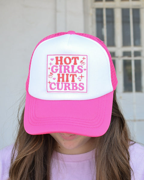 HOT GIRLS HIT CURBS TRUCKER HAT - HOT PINK/WHITE