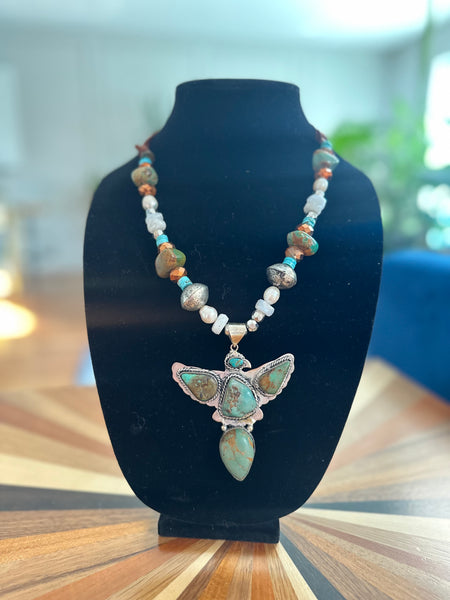 INDIAN EAGLE TURQUOISE NUGGET, PEARL, AND GLASS BEAD NECKLACE - BY A RARE BIRD