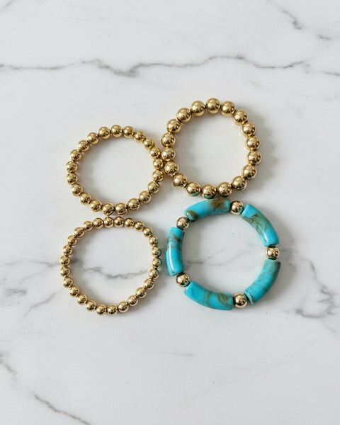 Turquoise Tube & Gold Bead Stretchy Bracelet - Set of 4 - Salty Lime Boutique