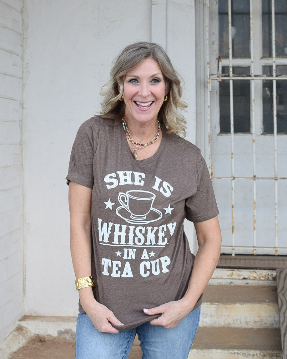 SHE’S WHISKEY IN A TEA CUP GRAPHIC TEE - HEATHERED BROWN - CURVY