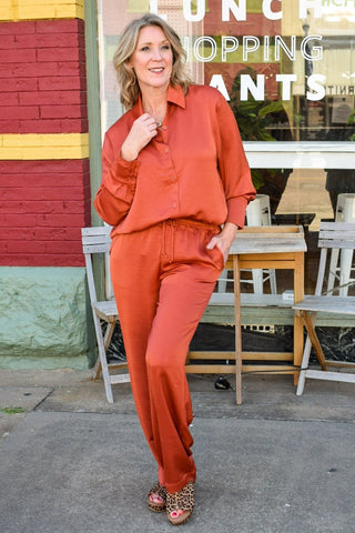 RELAXED DRAWSTRING WAIST PANTS - REDWOOD