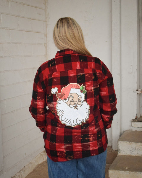 RED & BLACK CHECKERED FLANNEL TOP WITH SEQUIN SANTA PATCH - RED