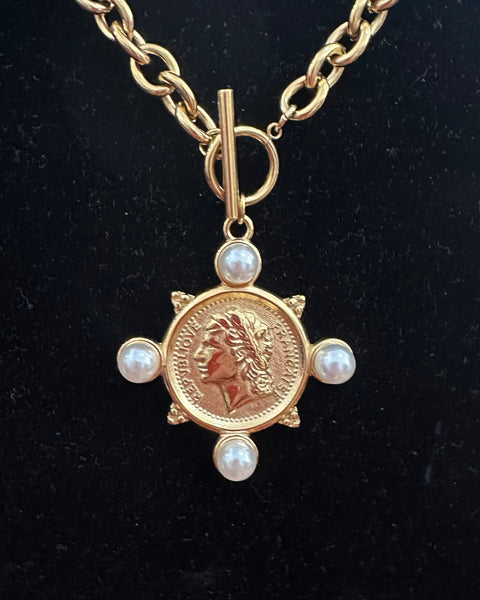 FRENCH COIN MEDALLION 18K GOLD PLATE WATERPROOF NON-TARNISH NECKLACE- GOLD