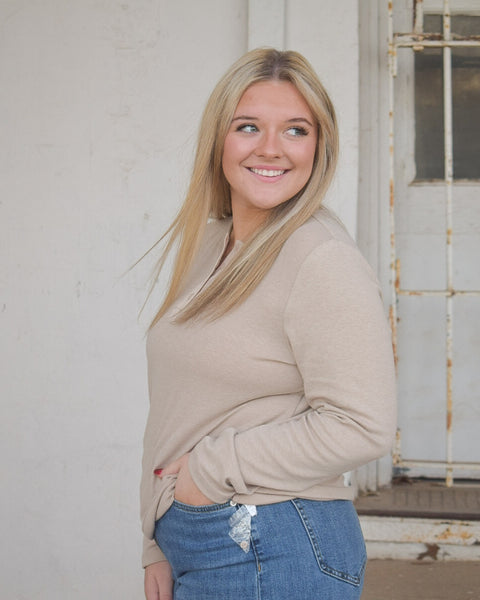 LONG SLEEVE HENLEY TOP- TAUPE