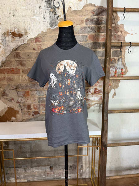 Haunted House Graphic Tee - Stone Grey - Salty Lime Boutique