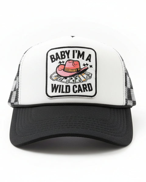 BABY I'M A WILD CARD TRUCKER HAT- BLACK/WHITE CHECKERED - Salty Lime Boutique