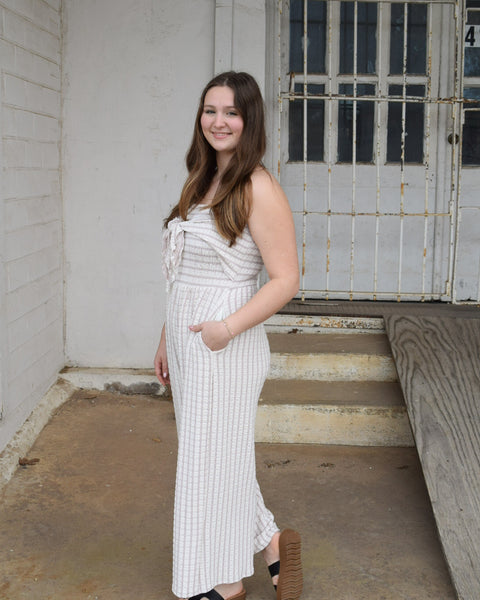 STRAPLESS TIE-FRONT STRIPE JUMPSUIT - Salty Lime Boutique