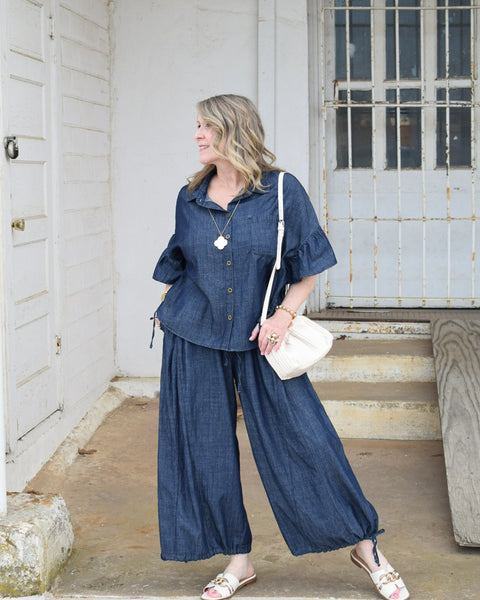 WASHED DENIM TOP - CHAMBRAY - Salty Lime Boutique