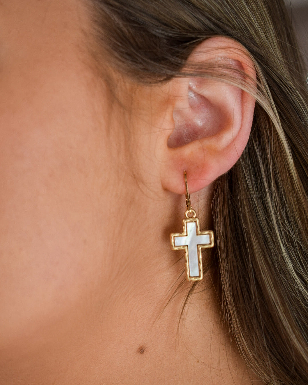 STONE CROSS EARRINGS - GOLD