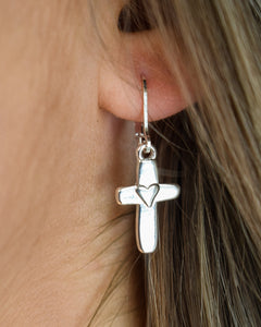 CROSS WITH HEART EARRING - SILVER