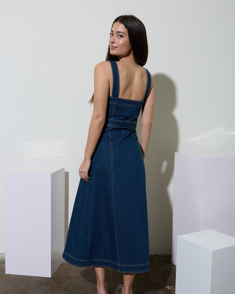 Square Neck Button Down Belted Midi Denim Dress - Salty Lime Boutique