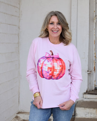 DISCO PUMPKIN LONG SLEEVE GRAPHIC TEE - LT. PINK