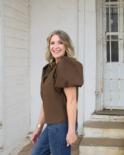 THIS IS ME V-NECK PUFF SLEEVE BLOUSE -  BROWN