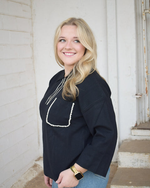 PEARL ACCENT POLO SWEATER- BLACK