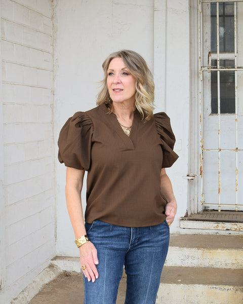 THIS IS ME V-NECK PUFF SLEEVE BLOUSE -  BROWN