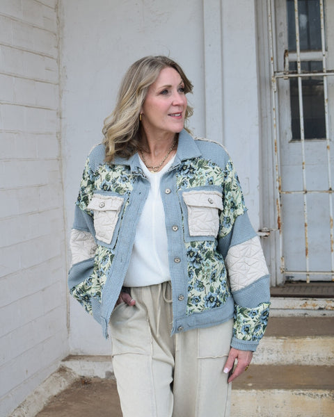 POP OF PATTERN PATCHWORK JACKET BY POL - BLUE/YELLOW