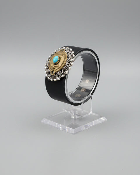 Filigree Two-Tone Turquoise Inspired Leather Cuff Bracelet - Brown