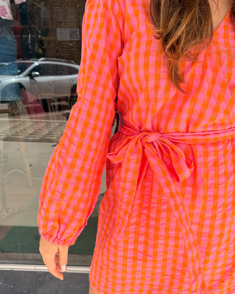Plaid Wrap Dress - Pink