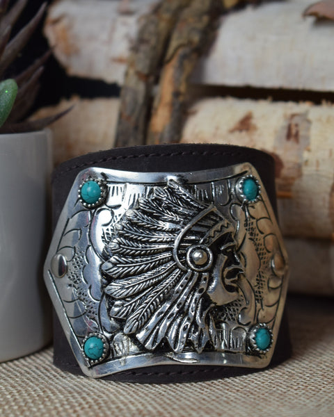 INDIAN CHIEF LEATHER CUFF BRACELET BY A RARE BIRD - BROWN