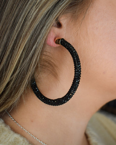 LETS GO GIRLS BLACK CRYSTAL HOOPS