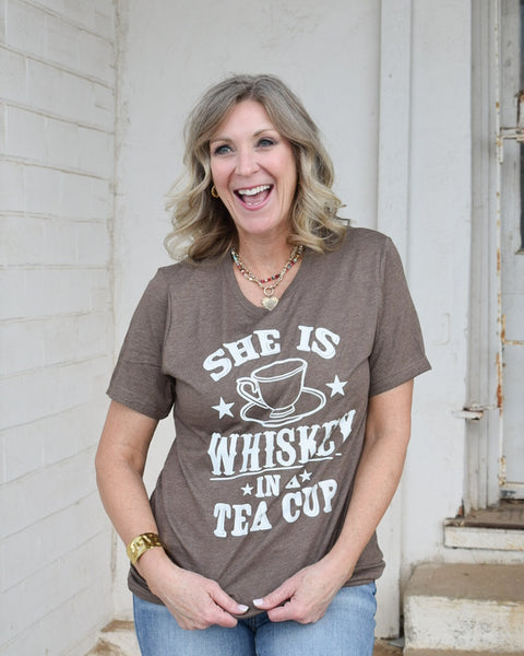 SHE’S WHISKEY IN A TEA CUP GRAPHIC TEE - HEATHERED BROWN - CURVY