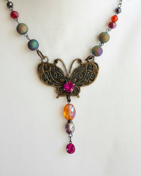Boho Butterfly Necklace  -  Antiqued Brass