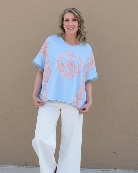 Peaceful Blooms Color Block Top - Lt. Blue
