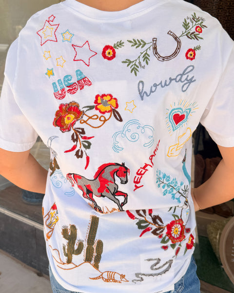 Howdy Embroidred Casual V-Neck T-Shirt: White
