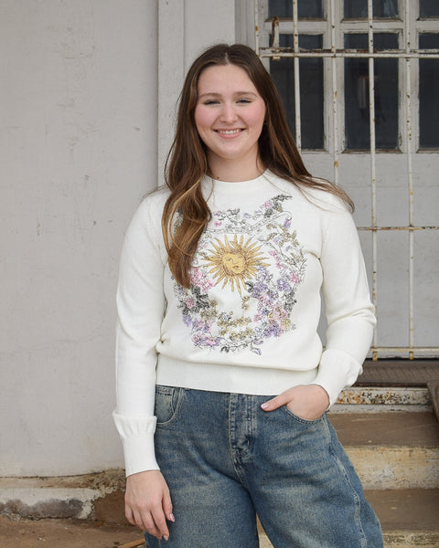 Embroidery Long Sleeves Knit Sweater: White - Salty Lime Boutique