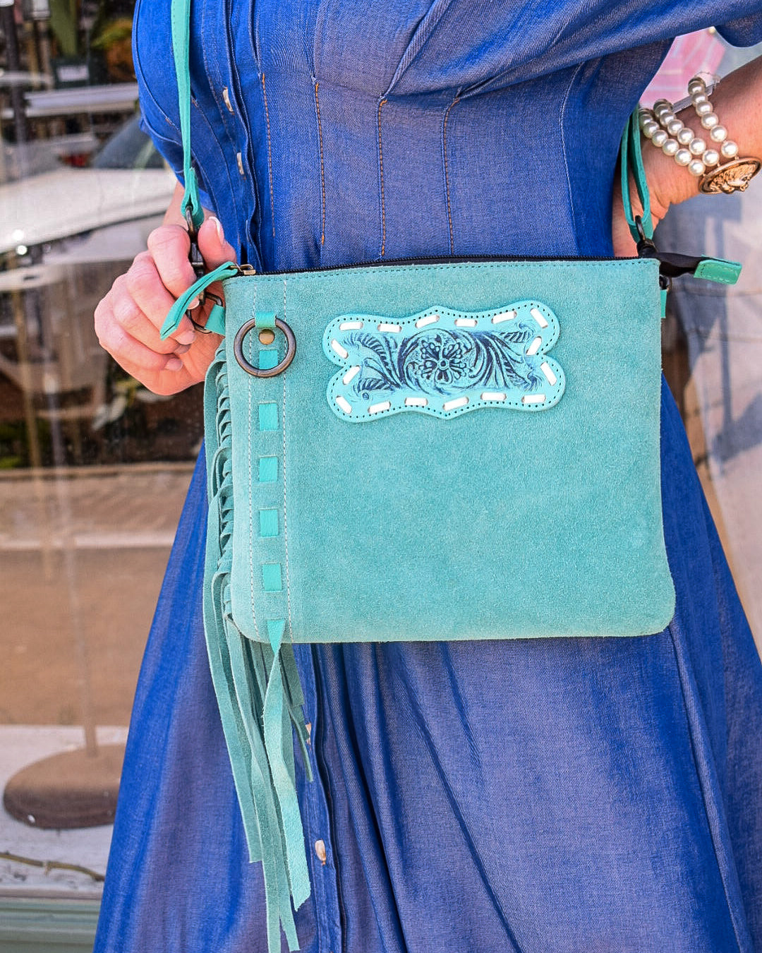 leather turquoise handbag with decorative elements, rodeo, western