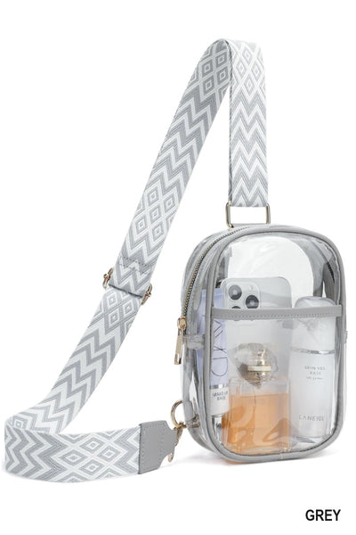 CLEAR SLING BAG WITH GUITAR STRAP PURSE - GREY