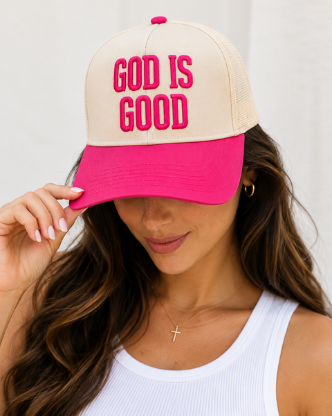 God Is Good Embroidered Cap - Hot Pink