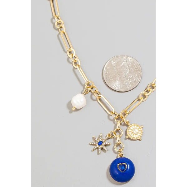 INTRICATE HEART AND PEARL CHARMS NECKLACE