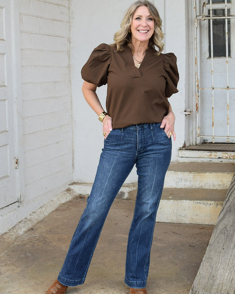 IF WISHES CAME TRUE BALLOON SLEEVE TOP - BROWN