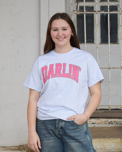 DARLIN GRAPHIC TEE- HEATHERED GREY - CURVY - Salty Lime Boutique
