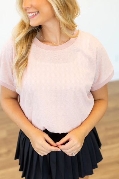 DAPHNE TEXTURE FABRIC CREW NECK TOP - LIGHT PINK REG/CURVY