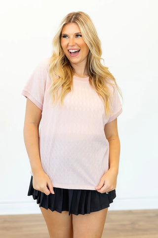 DAPHNE TEXTURE FABRIC CREW NECK TOP - LIGHT PINK REG/CURVY