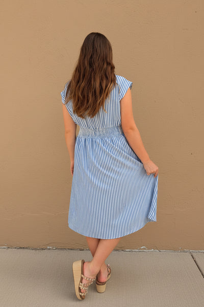 V Neck Pleated Back Smocked Waist Solid Dress - blue - Salty Lime Boutique