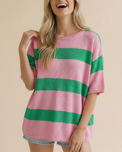 Pink & Green Striped Oversized Knit Sweater Top - Salty Lime Boutique