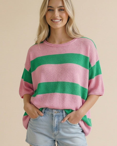 Pink & Green Striped Oversized Knit Sweater Top - Salty Lime Boutique
