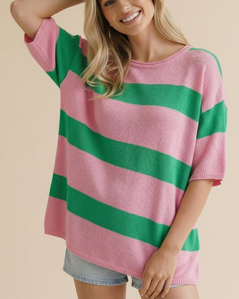 Pink & Green Striped Oversized Knit Sweater Top - Salty Lime Boutique