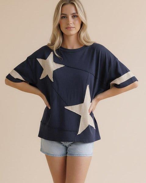 Star Patchwork Knit Top - Navy