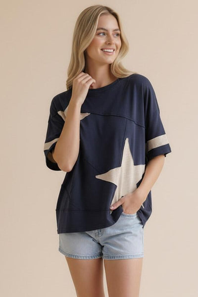 Star Patchwork Knit Top - Navy