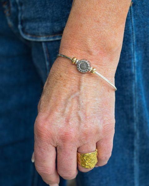 SUNFLOWER CHARM CUFF BRACELET - SILVER