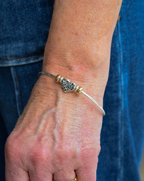INTRICATE HEART CHARM CUFF BRACELET - SILVER