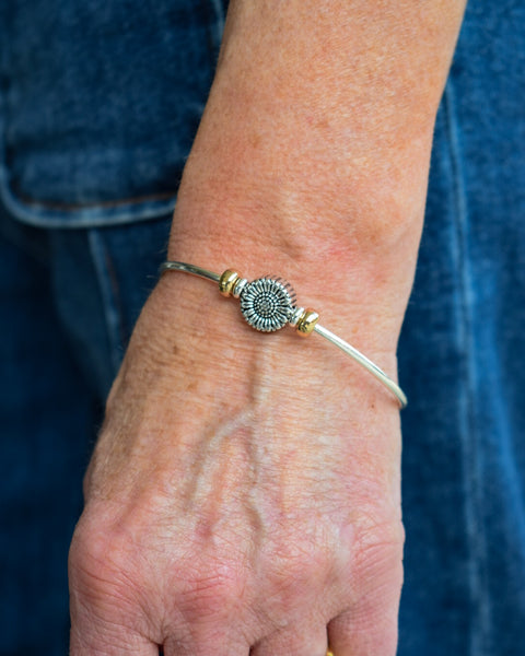 SUNFLOWER CHARM CUFF BRACELET - SILVER