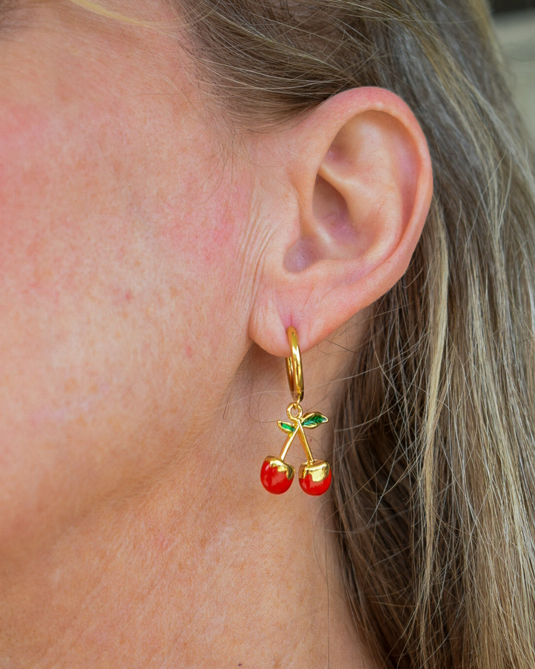 COTE 18K GOLD NON-TARNISH VINTAGE CHERRY EARRING- RED