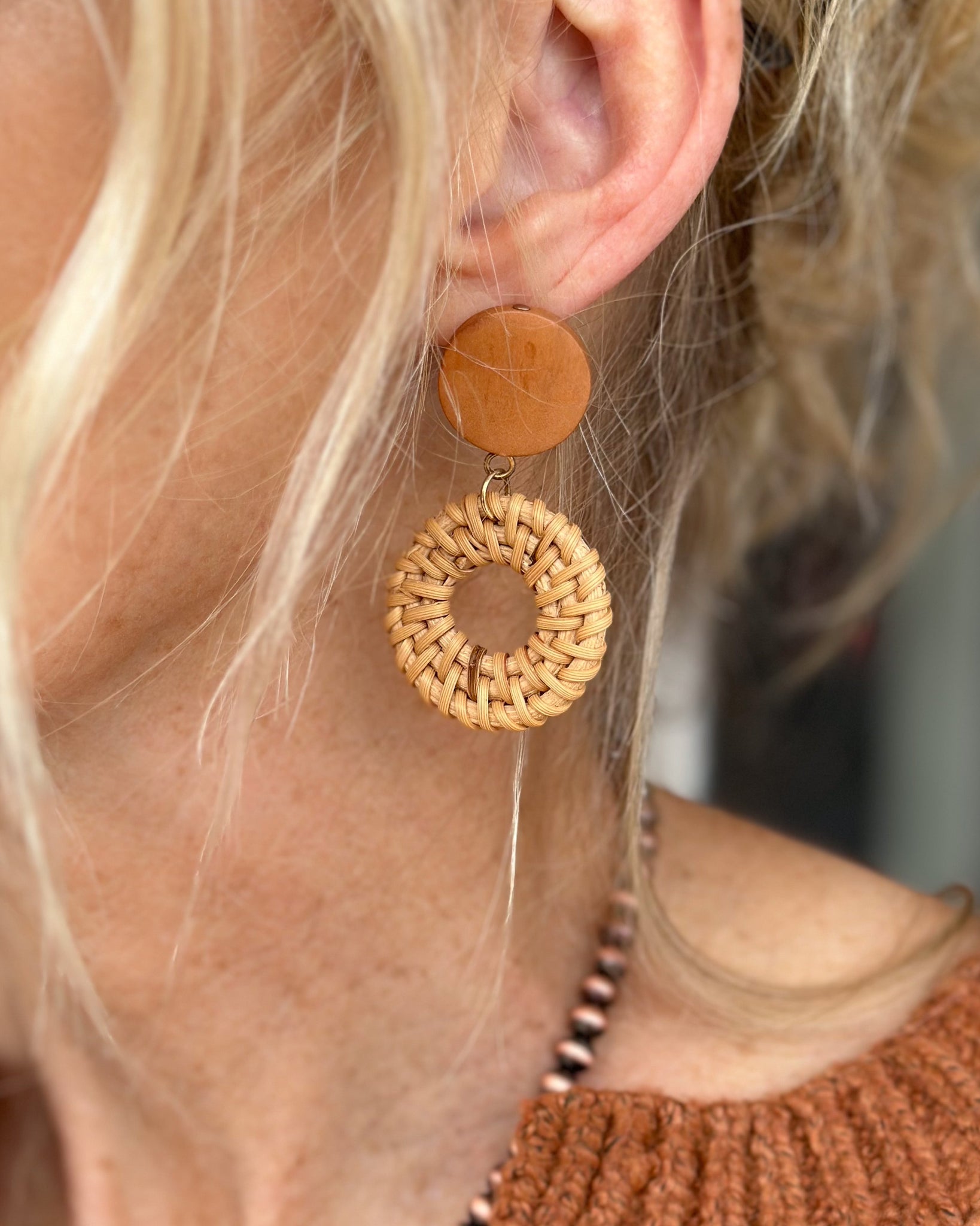 COREY NATURAL WOVEN WOOD DROP EARRINGS