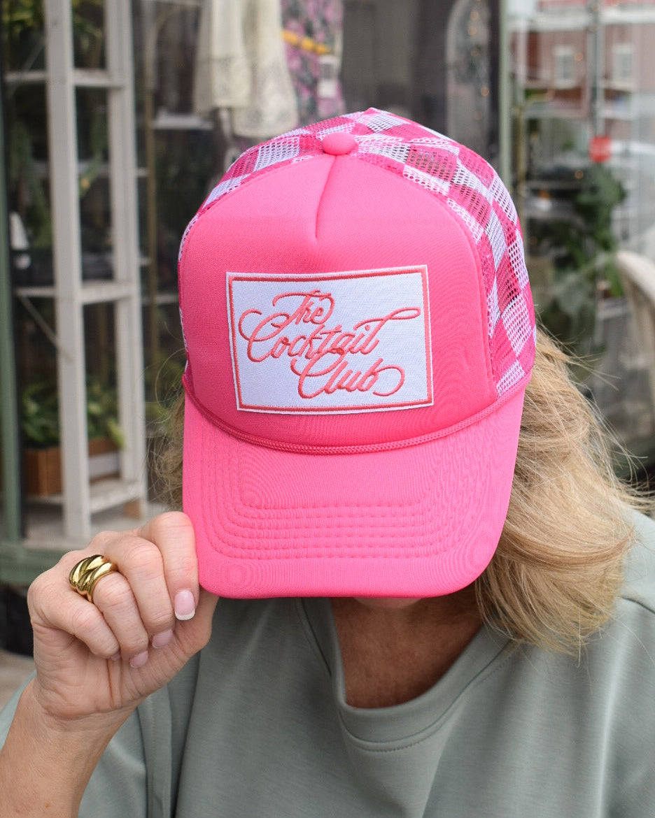 COCKTAIL CLUB TRUCKER HAT - PINK CHECKERED
